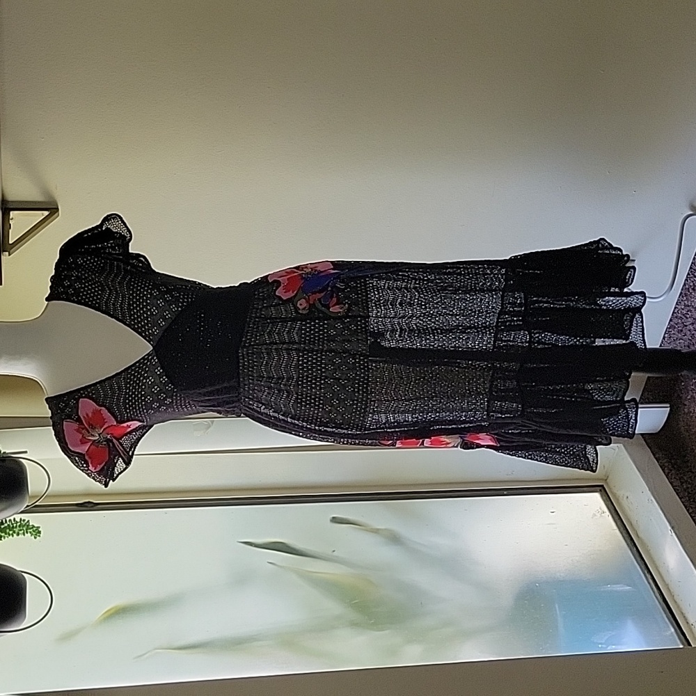 Valentino Black Tropical Floral & Parrot Applique dress